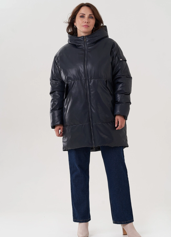 фото Женский пуховик синего цвета из эко кожи модель № 25332