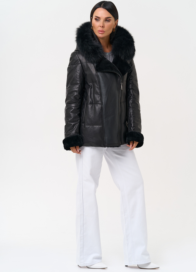 фото Короткий пуховик из натуральной кожи с капюшоном модель № 6402