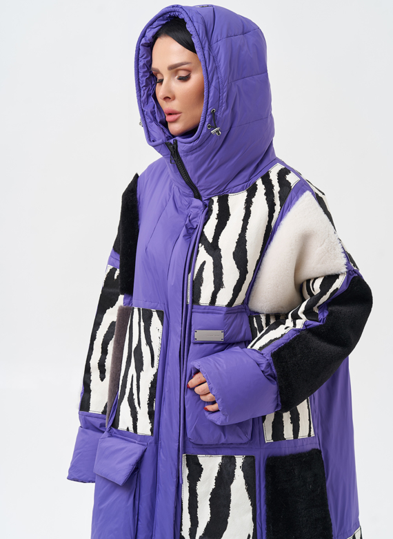 Комбинированный женский пуховик с капюшоном