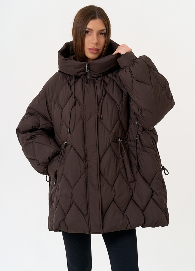 Женский пуховик с капюшоном коричневого цвета модель № 31519 универмаг малина