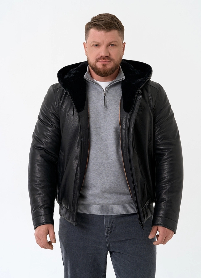 Мужской пуховик из натуральной кожи с капюшоном модель № 32051 универмаг малина фото