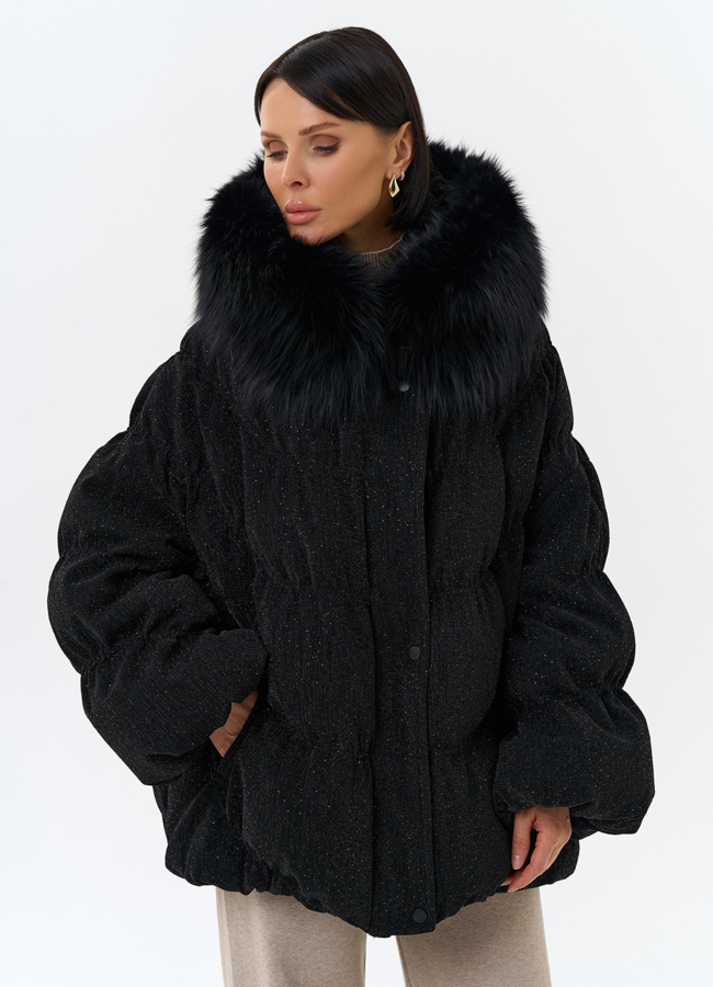 Женский блестящий пуховик с отделкой из меха чернобурки модель № 31816 универмаг малина