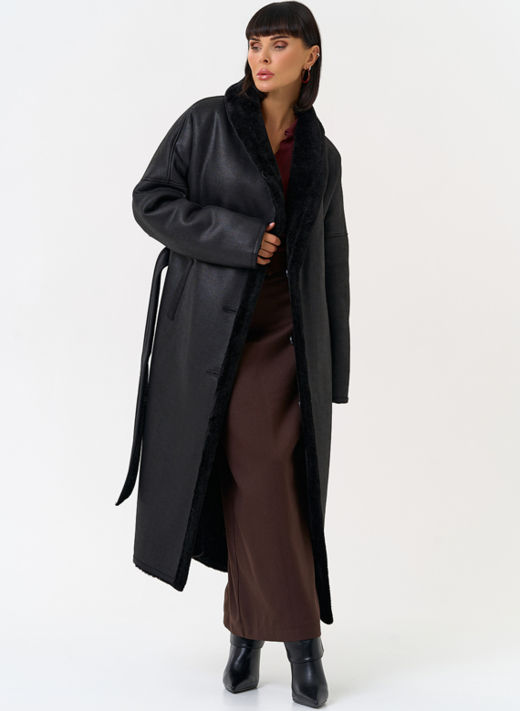 Женская двухсторонняя дубленка из эко замши с воротником шаль