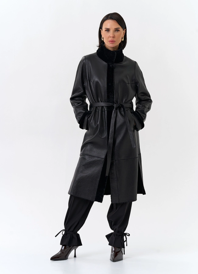 Женская двухсторонняя дубленка с поясом модель № 32198 в кредит