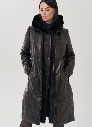 Пуховик из натуральной кожи на молнии с капюшоном