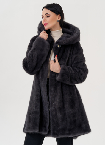 Норковая шуба балетка, в цвете графит с капюшоном