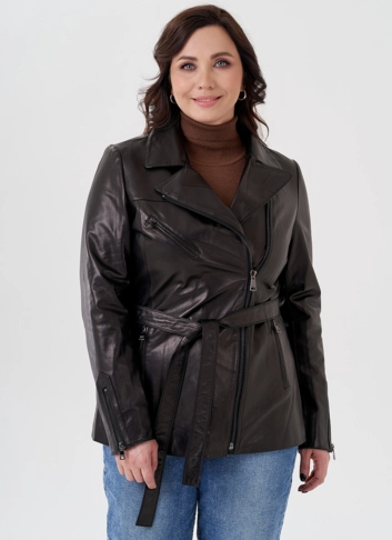 Женская кожаная куртка с поясом фото