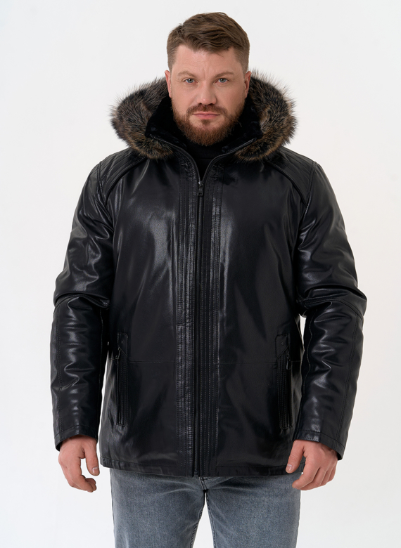 Пуховик из эко кожи с капюшоном из меха енота Пуховик из эко кожи с капюшоном из меха енота