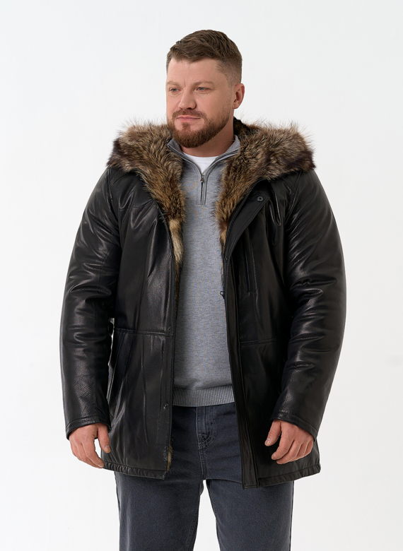 Мужская натуральная дубленка на волке с отделкой из меха енота