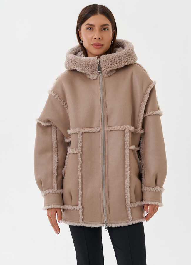 Двухсторонняя эко дубленка с капюшоном модель № 28651 меха малина