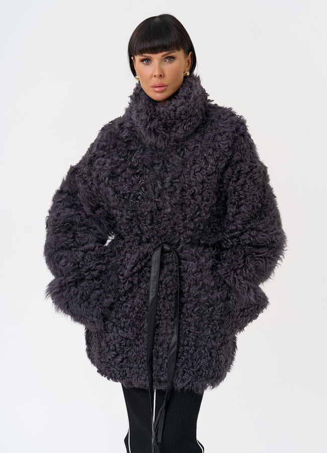 Женская двухсторонняя дубленка с декоративным поясом модель № 31617 универмаг малина