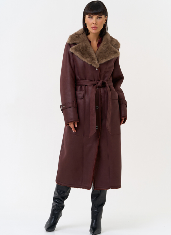 Женская дубленка из эко замши с английским воротником