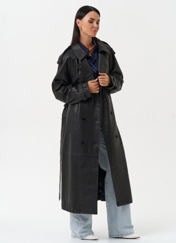 Длинный плащ из натуральной кожи черного цвета