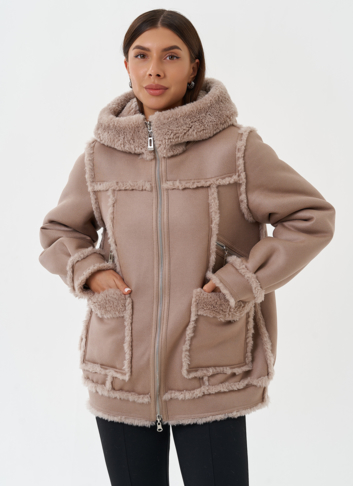Двухсторонняя эко дубленка с капюшоном